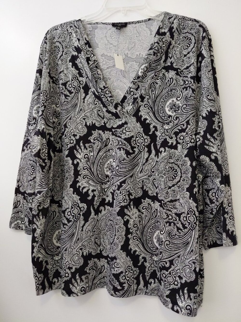 Talbots V-Neck Paisley Top 3/4 Sleeves 3X Black White NWT